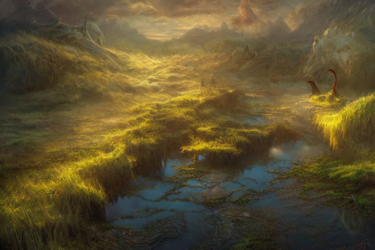 aerial view, fantasy painting, dungeons and dragons, a faerie village hovels, swamp reeds wetland marsh sunset estuary, with ominous shadows, an egret by jessica rossier and brian froud cinematic painting 