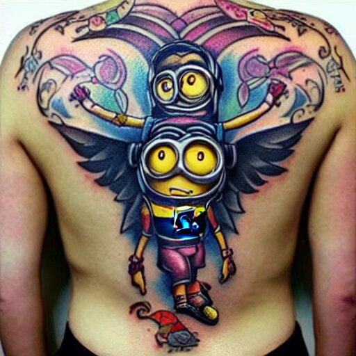 tattoo of minion on female back, epic, colorful, beautiful, intricate detail