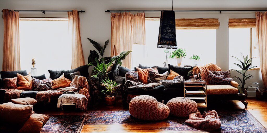 insanely detailed wide angle photograph, atmospheric, award winning interior design living room, cat, dusk, cozy and calm, fabrics and textiles, colorful accents, brass, copper, secluded, many light sources, lamps, hardwood floors, book shelf, couch, desk, balcony door, plants