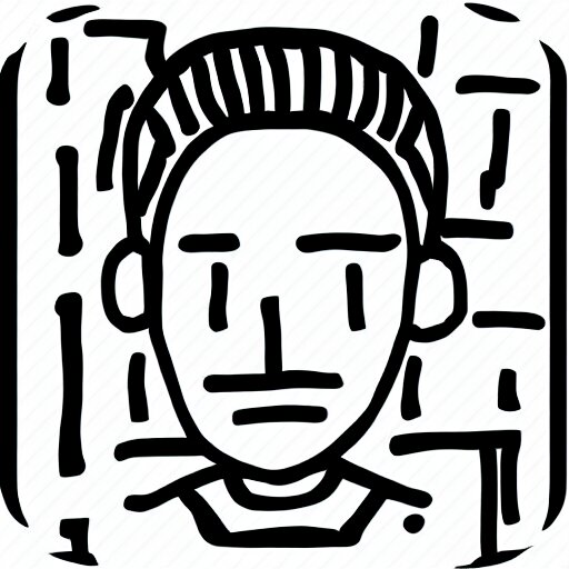 black and white composition of a variety of seperate doodles, drawings, faces, symbols, cartoons, lineart, cave drawing, silhouette, tattoo, chinese ink brush, app icon 