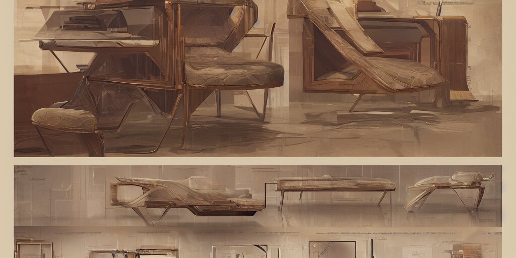 furniture design art deco, design sheet, Moebius, Greg Rutkowski, Zabrocki, Karlkka, Jayison Devadas, Phuoc Quan, trending on Artstation, 8K, ultra wide angle, zenith view, pincushion lens effect