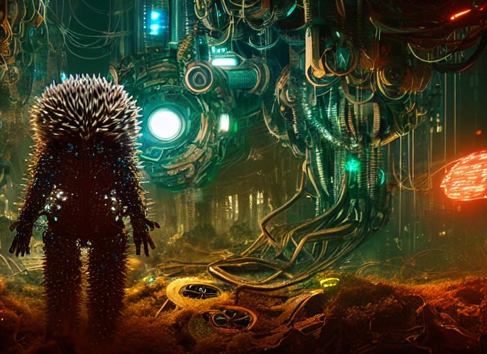  giant intricate mechanical hedgehog with cybernetic enhancements and visible gears and fiber optics, on the background of a weird magical mechanical forest. Very detailed 8k. Fantasy cyberpunk horror. Sharp. Cinematic post-processing. Unreal engine. Nanite. Ray tracing. Parallax. Tessellation