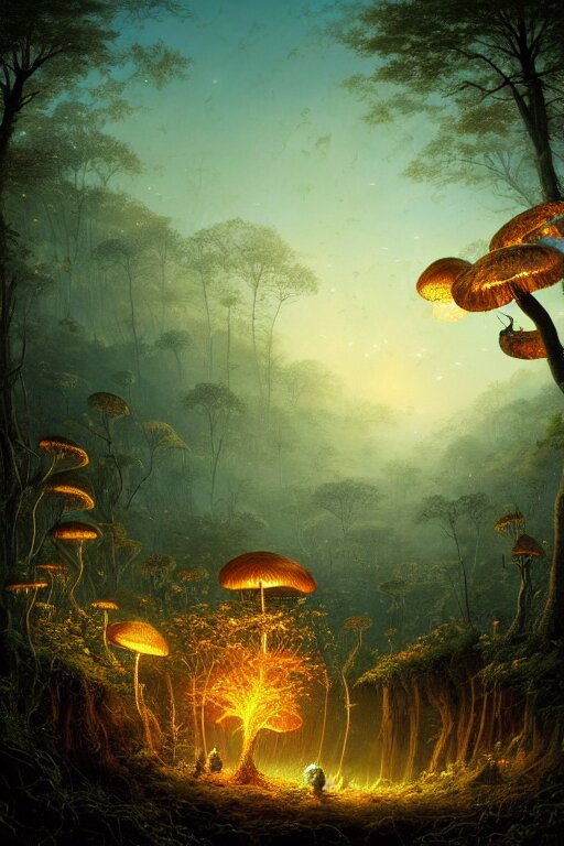 a beautiful digital landscape painting of a detailed gothic fantasy fireflies and roots, dark mushroom, flowers by benoit b. mandelbrot, steven belledin, martin johnson heade, lee madgwick, caspar david friedrich, and david rios ferreira. 8 k resolution trending on artstation concept art digital illustration 