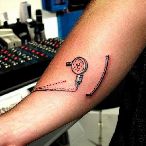 tattoo of a sp - 4 0 4 audio mixer along forearm 