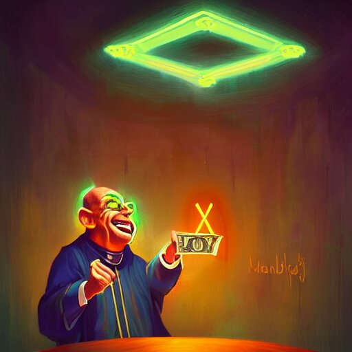 priest laughing while throwing dollar bills in the air in a strip club by mandy jurgens, cartoon, dark backgroun, visionary art, magic symbols, holy halo, neon ambient lighting, high detail, dark vibrant colors 