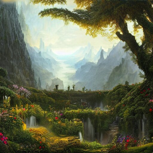 a beautiful and highly detailed matte painting of a magical garden deep in the misty mountains, intricate details, epic scale, insanely complex, 8 k, sharp focus, hyperrealism, by caspar friedrich, 