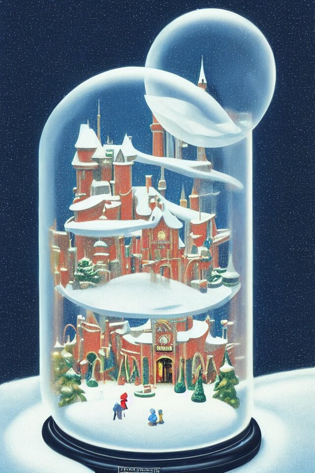 an achingly beautiful print of one modernist, cylindrical snow globe with disneyland inside by raphael, hopper, and rene magritte. detailed, proportional, romantic, vibrant, enchanting, trending on artstation 