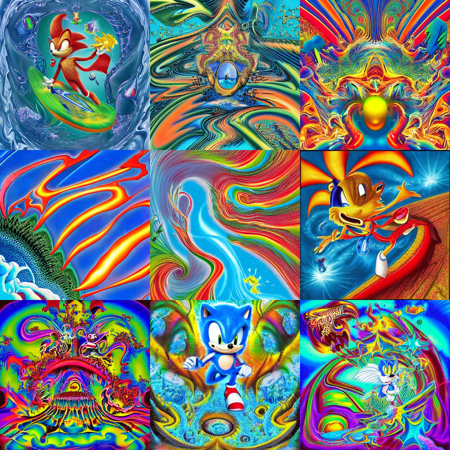 surreal, sharp, detailed professional, high quality airbrush art MGMT album cover of a liquid dissolving LSD DMT sonic the hedgehog surfing through cyberspace, mandelbrot pattern, 1990s 1992 Sega Genesis video game album cover