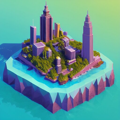 manhattan on a floating island in the sky, waterfalls falling down, low poly art, isometric art, 3d render, ray tracing, high detail, artstation, concept art, behance, smooth, sharp focus, ethereal lighting