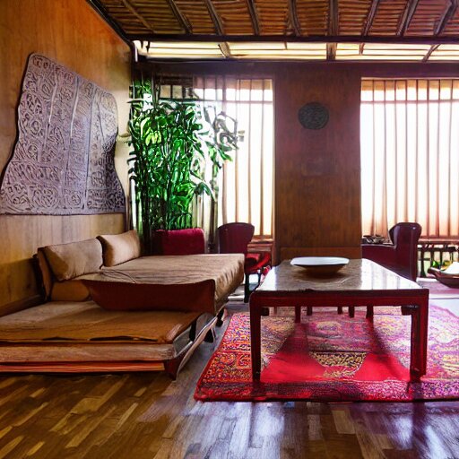 living room interior design with assamese traditional gamosa textured furniture, mekhela sador motif design pattern walls and floor, teak table, japandi, ikea, sunny, warm wood, urban jungle plants, small kitchen table, indian antique chairs, round mirror on the wall, light - brown wall, mid - century sofa indian architecture 