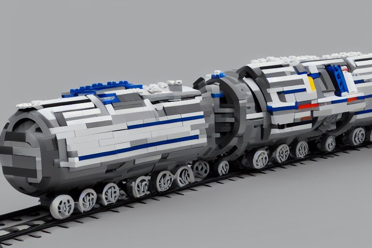 futuristic train made out of Lego, octane render, white, grey and blue, studio light, 35mm,