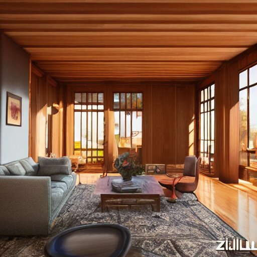 Peaceful wooden mansion, unreal engine 5 tech demo, zillow interior, golden hour, living room, cozy, Frank Lloyd Wright ((Studio Ghibli))