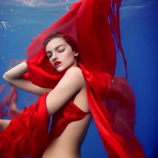 beautiful portrait of fashion model in red silk underwater, 35mm film