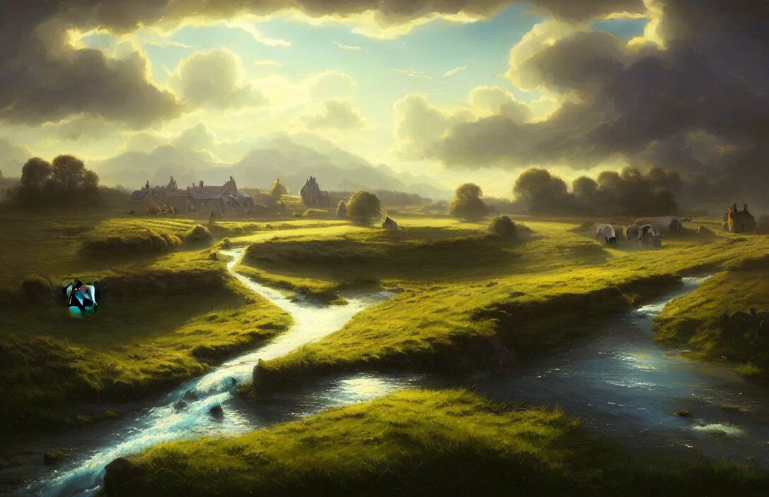 river flowing past a country village, flat fields in the background, blue sky, fantasy, concept art, high angle, highly detailed, warm lighting, volumetric, godrays, vivid, trending on artstation, by jordan grimmer, greg rutkowski 