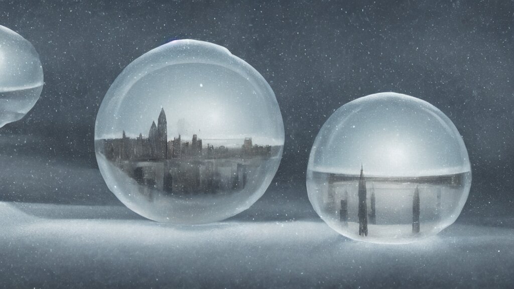 a surreal dreamlike scene of transparent spheres containing miniature cities floating over a barren snowy landscape, somber melancholic matte painting, highly detailed oil painting, liminal space, 8k, stillness, solitude, icy cold pale silent atmosphere, masterpiece