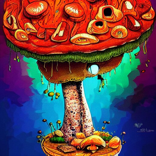 trippy angry mushroom eat a meat, acrilic paint, digital, artstation, detailed intricate ink illustration, heavenly atmosphere, digital art, overdetailed art, concept art, complementing colors, trending on artstation, cgstudio, the most beautiful image ever created, dramatic, subtle, details, award winning artwork, beautiful scenery 