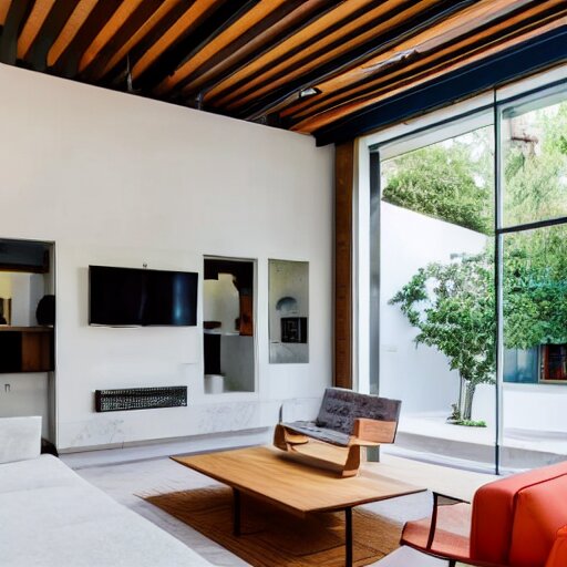 A modern living room with 2 sofas facing each other with a white marble table in the center, on the left side of the living room there is a floor to ceiling glass window that leads to the courtyard, on the right side of the living room there are wooden stairs that lead to the second floor