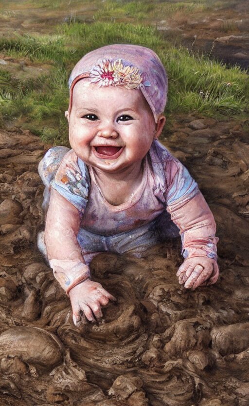 beautiful detailed painting of a baby crawling in the mud. the baby is smiling and happy, and wearing small wellies. vibrant, high quality, very funny, beautiful, hq. hd. 4 k. award winning. trending on artstation 