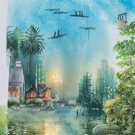 Beautiful happy picturesque charming sci-fi town in harmony with nature. Beautiful light. Water and plants. Nice colour scheme, soft warm colour. Beautiful detailed artistic watercolor by Lurid. (2022)