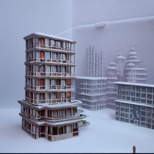 a snow globe diorama with a soviet apartment building in it, brutalism, isometric, physically based rendering, 1 9 9 0's 