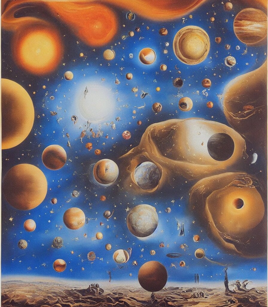 a beautiful surrealistic painting of planets and stars in the universe by salvador dali, trending on artstation., oil painting 