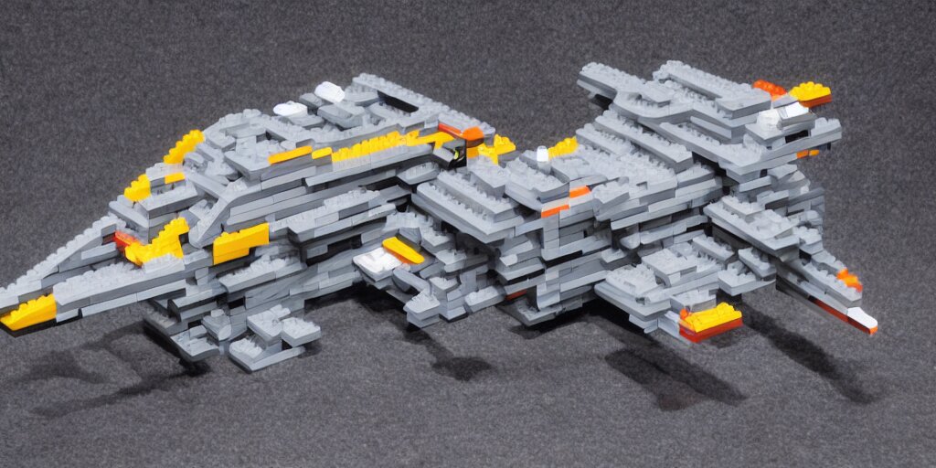 gigantic spaceship made with grey legobricks, flying in the galaxy 