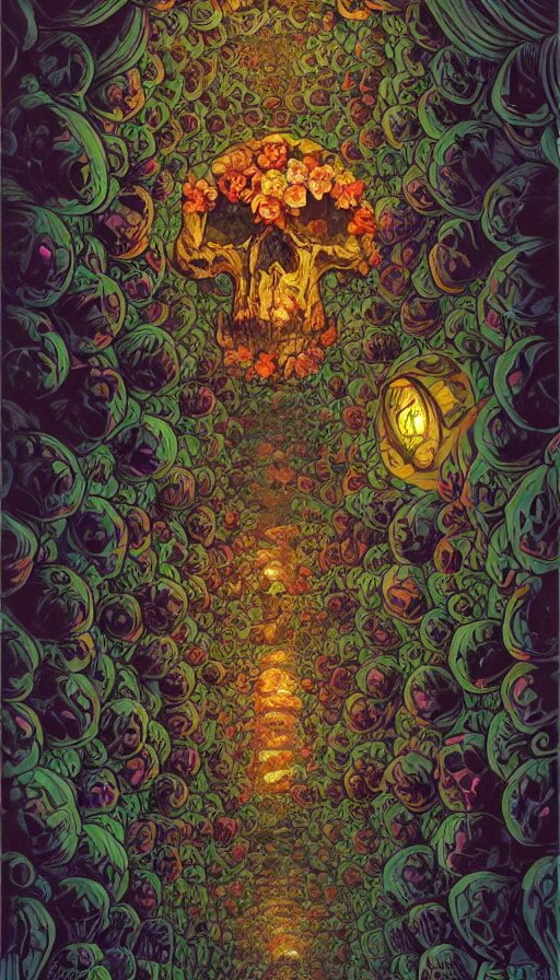 The luminous cavern of floral skulls, italian futurism, Dan Mumford, da vinci, Josan Gonzalez