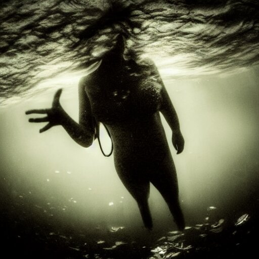 sea monster, wide angle, pov underwater, pale skin, dark, foggy water, dramatic,'silent hill ', big eyes, terrifying, horrific, cinematic 