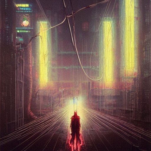 cyberpunk dystopian cyborg hyena, wires and glowing lights, beksinski style, realism 