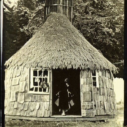 A vintage photo of a witches hut with a witch standing on the Porch, 70s, vintage, old