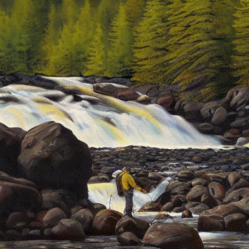 tardigrade fishing for salmon at Brooks Falls in Alaska, landscape painting by Moran and George Caitlin