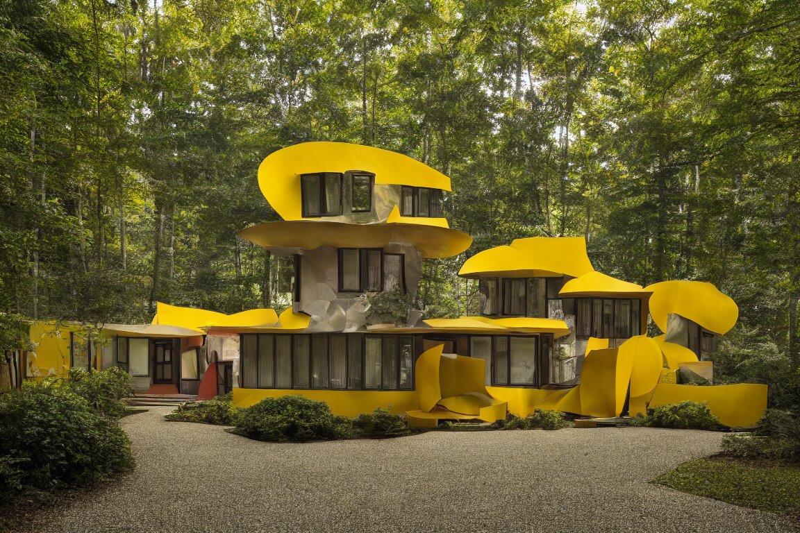 a mid century modern house in a forest, designed by Frank Gehry. Tiles. Small gravel driveway . Film grain, cinematic, yellow hue