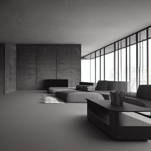 brutalist house interior design ominous dark powerful giant open space high quality furniture octane render 