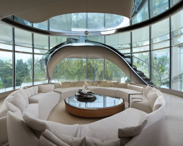 A futuristic living room with floor to ceiling glass windows on the left and curved wooden stairs going upstairs on the right, two white sofas with a white marble table in the center of the living room, stairs to the second floor, in a large glass dome, 8k resolution, professional interior design photograph, wide angle photograph