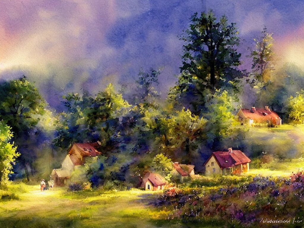 a beautiful night in the swedish countryside, watercolor painting by vladimir volegov 