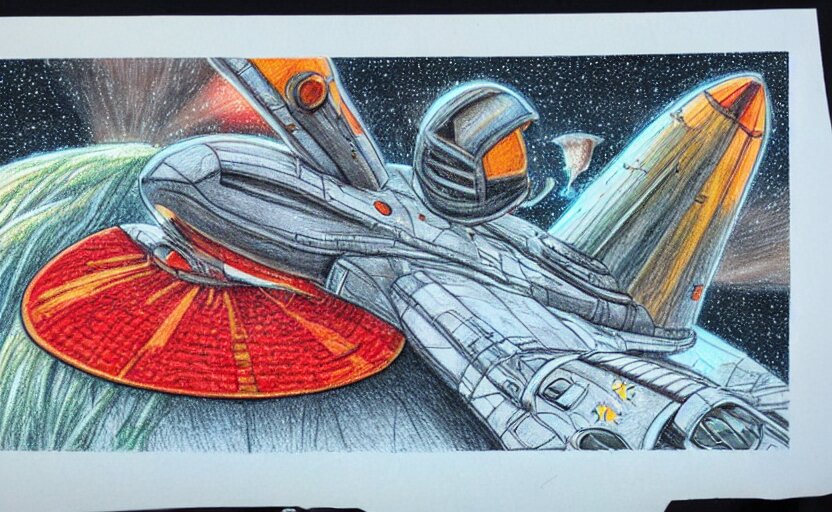 intricately detailed color pencil drawing, retro spaceship crash landed on an alien winter landscape 