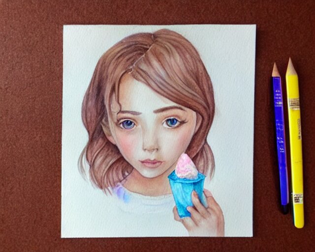 a girl with the ice cream watercolor colored pencil painting trending on artstation 