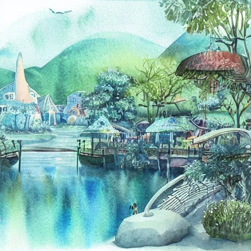 Beautiful happy picturesque charming sci-fi town in harmony with nature. Beautiful light. Water and plants. Nice colour scheme, soft warm colour. Beautiful detailed watercolor by Lurid. (2022)