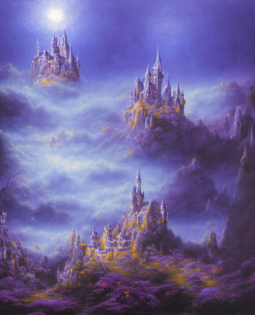 beautiful matte airbrush painting of a of a fantasy landscape with a european medieval castle made of light in the distance enveloped in trails of colorful animal ghosts floating around it, clear painting and good lighting, dark blue and intense purple color palette, mystical fog, art by gilbert williams, yoshitaka amano, high quality 