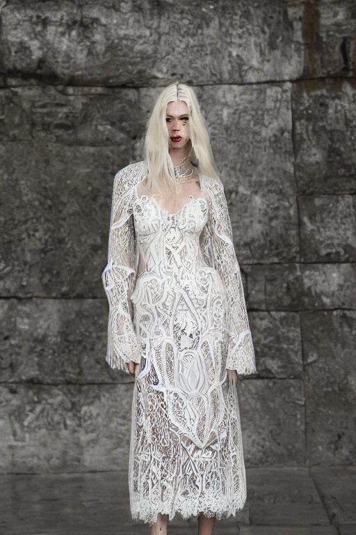 antediluvian crystal atlantean hyperborean avant garde fashion lace dress with natural pattern motifs, young white - blonde model, sharp focus, outdoors, godray lighting 