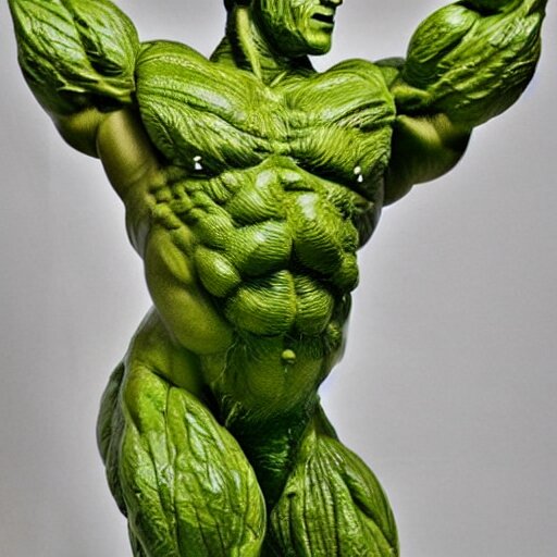 sculpture of a bodybuilder made entirely from fresh broccoli by antoni gaudi 