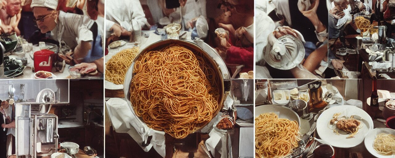 famous moments in history that include spaghetti, small details, intricate, canon 5 0 mm, wes anderson film, kodachrome 