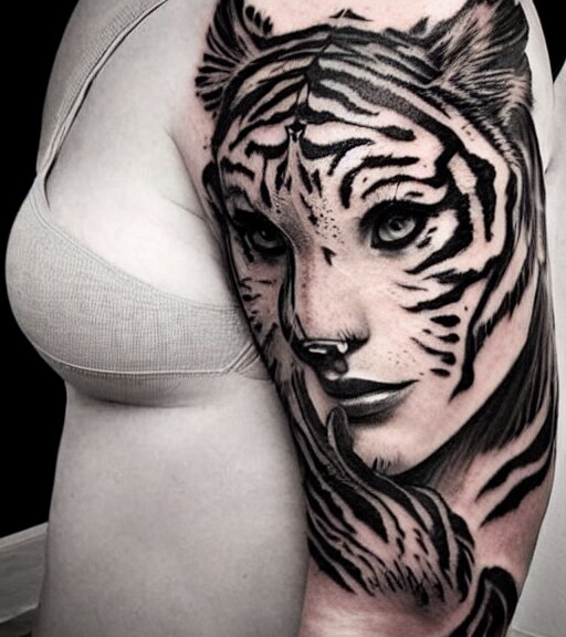 tattoo design of a beautiful girl warrior under a tiger head, hyper realistic, realism tattoo, by eliot kohek, beautiful eyes, realistic face, black and white, white background 