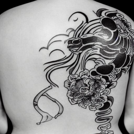 photography of the back of a woman with an detailed irezumi tatto representing a tiger with flowers, mid-shot, editorial photography