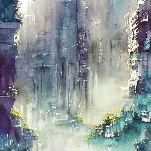 Beautiful happy picturesque charming sci-fi city in harmony with nature. Nature everywhere. Nice colour scheme, soft warm colour. Beautiful detailed watercolor by Lurid. (2022)