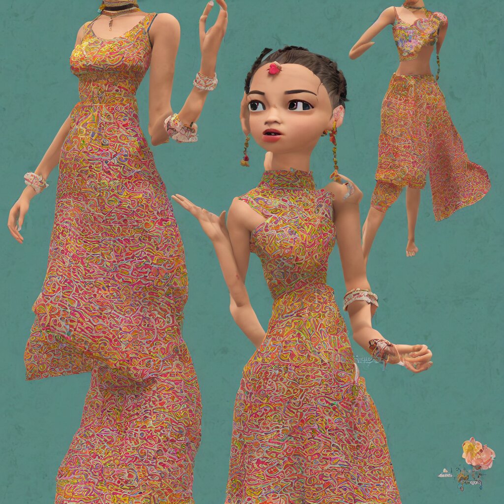 beautiful summer assamese mekehela bihu style floral gamosa dress ; flirtatious, boho - chic, sleeveless, elegant, short skirt length, slimmer demeanor, plethora of colors ; mini dress, highly detailed cute face by wlop ; octane render, unreal engine 5, trending on artstation, 8 k, symmetrical, cinematic, high coherence, hdr fabric textures 