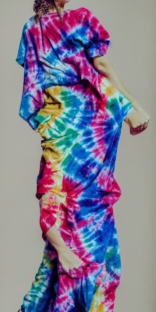 a beautiful woman model dressed in a tie - dye dress, studio photo, hyperrealistic 