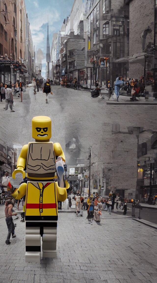 hyperrealistic giant lego man walking through street, street view, epic lighting, composition 