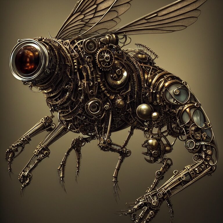 steampunk cybernetic biomechanical fly with wings, 3 d model, unreal engine realistic render, 8 k, micro detail, intricate, elegant, highly detailed, centered, digital painting, artstation, smooth, sharp focus, illustration, artgerm, tomasz alen kopera, wlop 