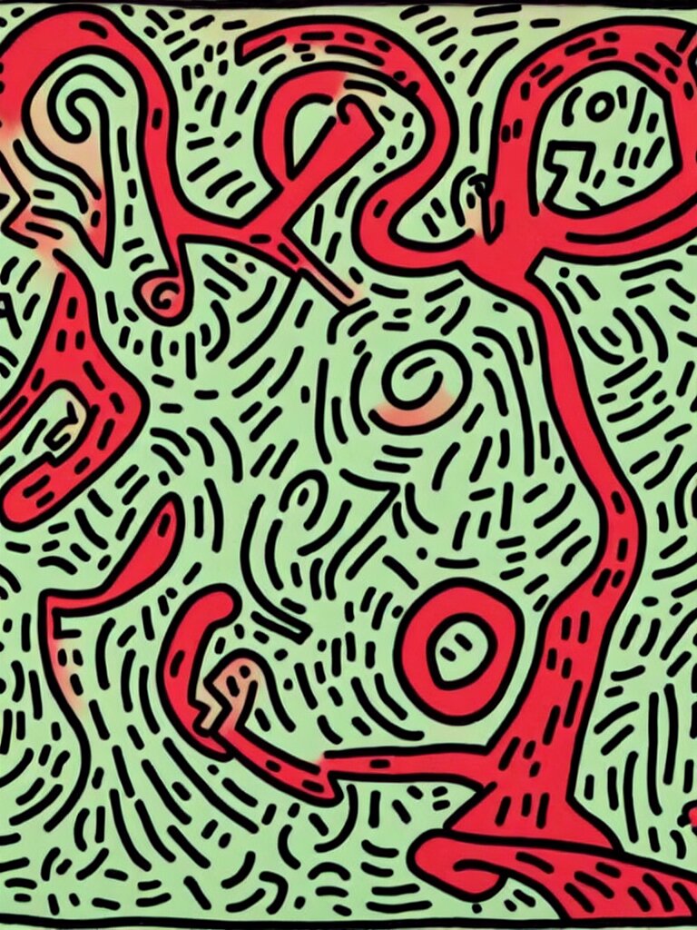 keith haring art of acorn that turns into a tree in the shape of a treble clef, a big rip down the middle, splashes of color, inspirational and powerful 